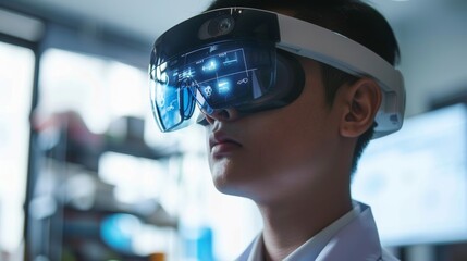 A doctor wearing AR glasses, accessing educational resources and procedural videos for just-in-time learning in a clinic.