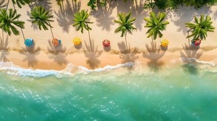 A tranquil beach with golden sand and turquoise water, lined with palm trees and colorful umbrellas, a relaxing nature background.