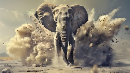 A large elephant is running through a desert with a lot of dust and debris flying around it. The scene is chaotic and wild, with the elephant being the center of attention - obrazy, fototapety, plakaty