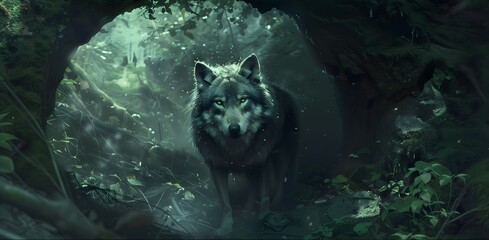 A wolf is standing in a forest with a lot of trees and bushes. The wolf is looking at the camera with a fierce expression. The scene is intense and mysterious