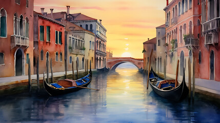 Fototapeta na wymiar Design a watercolor background capturing the elegance of a Venetian canal in the early evening