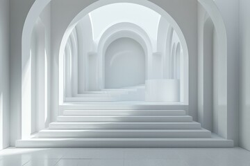 White minimalist architectural space with arched openings and staircases