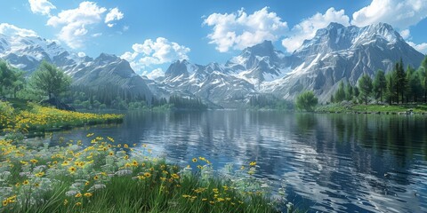 Tranquil mountain lake and blooming flowers