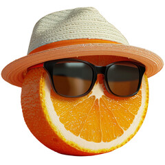 Fresh orange slices wearing sunglasses and summer hat, transparent background