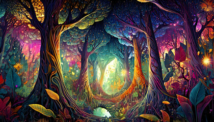 Fototapeta premium Abstract Fantasy forest, Geometric shapes, abstract patterns on digital art concept, Generative AI.