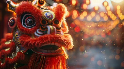 Fototapeta premium A red and gold lion dance costume with a happy expression on its face