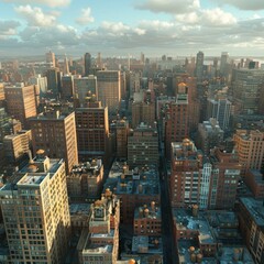 An aerial view of a large city with many tall buildings