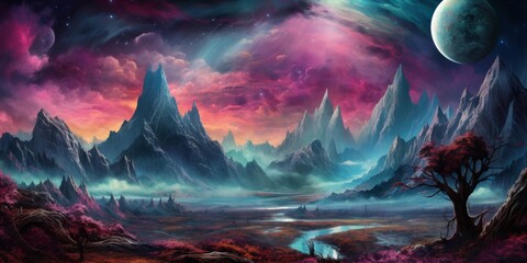 another colorful scene of a planet in the sky with mountains in the background