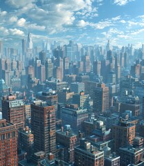 A dense cityscape with tall buildings reaching towards the sky