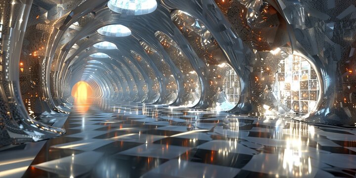 Futuristic sci-fi corridor with shiny reflective walls and bright lights
