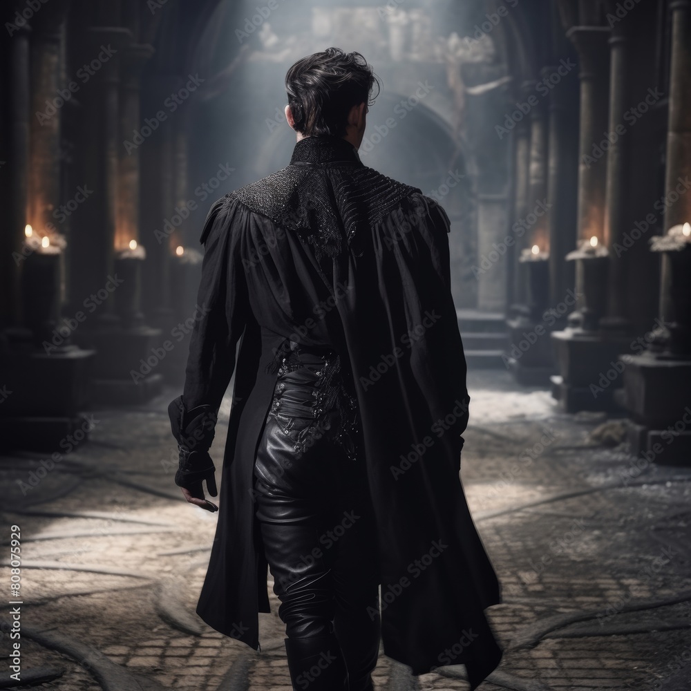 Poster back shot, a handsome wicked fae prince dressed in black with razor cut hair, walking down a gothic,