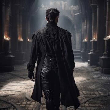 back shot, a handsome wicked fae prince dressed in black with razor cut hair, walking down a gothic, medieval castle hall way