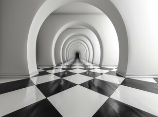 Black and white checkered floor with arched hallway