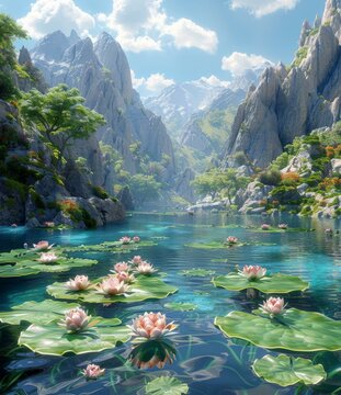 Fantasy landscape with mountains, lake and flowers