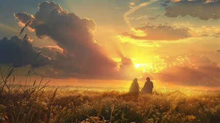 A couple standing in a field of wheat as the sun sets.