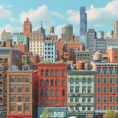 Obraz premium A cityscape of colorful buildings with a blue sky and white clouds in the background