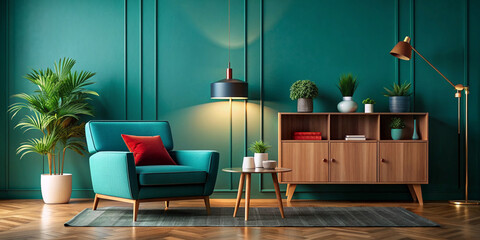 Modern Living Room with Blue Armchair Cabinet and Lamp. 3d Render