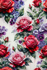 A painting of a floral pattern with roses, violets, and small flowers - Generative AI	