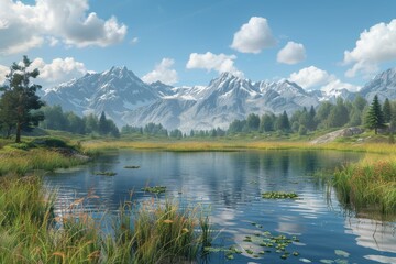 Fototapeta premium Mountains, lake and green field landscape
