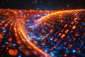 Navigating the Binary Code Stream in a Luminous Orange and Blue Data Tunnel.