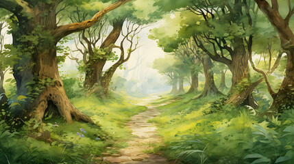 Design a watercolor background featuring a whimsical forest path lined with ancient trees