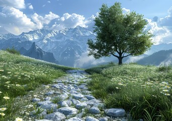 The stone path through the green field to the mountains