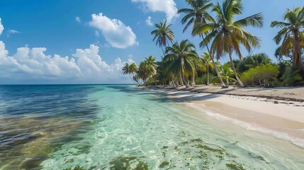 A tranquil beach with palm trees swaying in the breeze and crystal-clear water lapping at the shore, a serene nature scene.