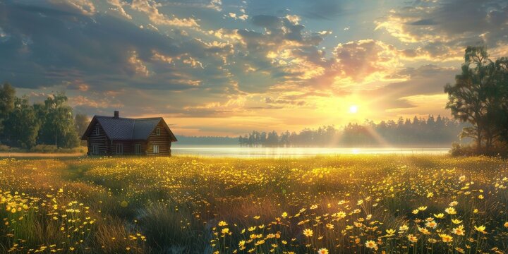 Rural Scenery Landscape With Small Wooden House Near The Lake At Sunset