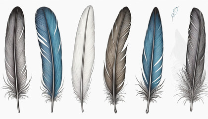  Collection of bird feathers against a bright white backdrop 