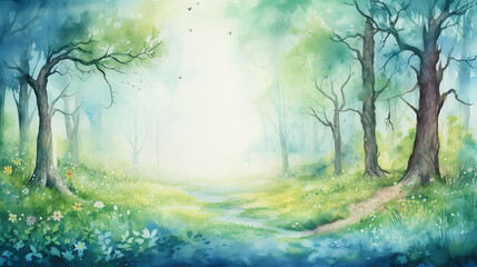 Design a watercolor background featuring a whimsical forest path lined with ancient trees