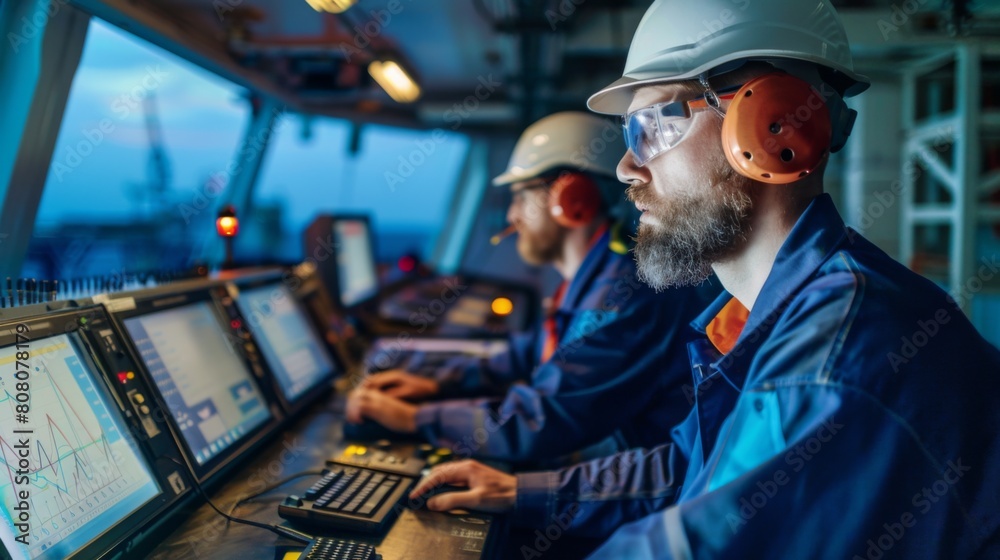 Aufkleber Technicians monitoring data on computer screens in a control room on an oil platform