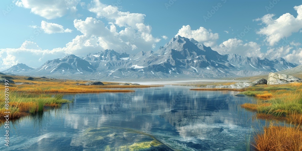 Canvas Prints Mountains, lake and meadow