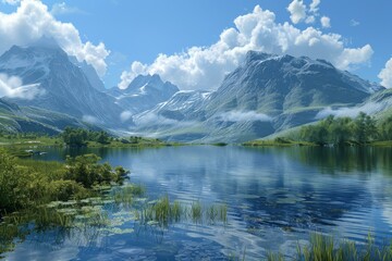 Mountains and lake landscape with blue sky and white clouds