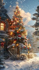 Fototapeta premium Christmas tree in front of a house covered in snow