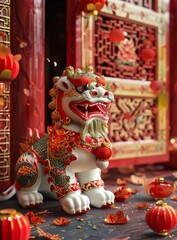 A Chinese guardian lion statue sits in front of a traditional Chinese door. - obrazy, fototapety, plakaty