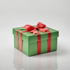 Festive green gift box adorned with a shimmering red and gold striped ribbon