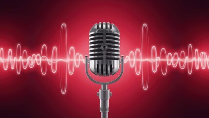 Microphone with waveform on red background, broadcasting or podcasting banner