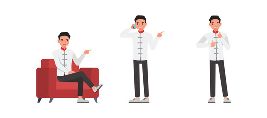 Set of businessman character vector design. Chinese man working and pointing finger illustration. Presentation in various action.