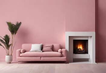 
"Immerse yourself in the serene ambiance of a minimalist modern living room adorned with a cozy sofa and pouf set against a captivating pink wall, harmonized by the warmth of a fireplace, embodying t