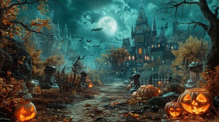 Fototapeta premium Spooky Halloween night at a haunted castle