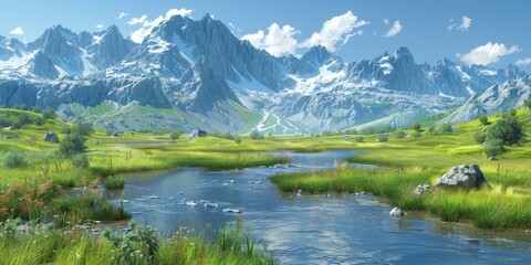 Fototapeta premium Mountains, valley and river in summer
