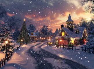 A snowy village scene with a decorated Christmas tree and a house covered in snow