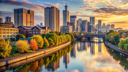 Obraz premium Lights dance over skyline by River, a picturesque panorama of old town charm