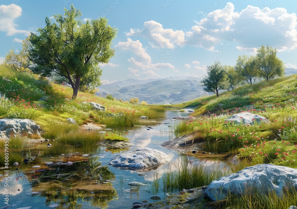 Wall mural Small river flowing through a green meadow