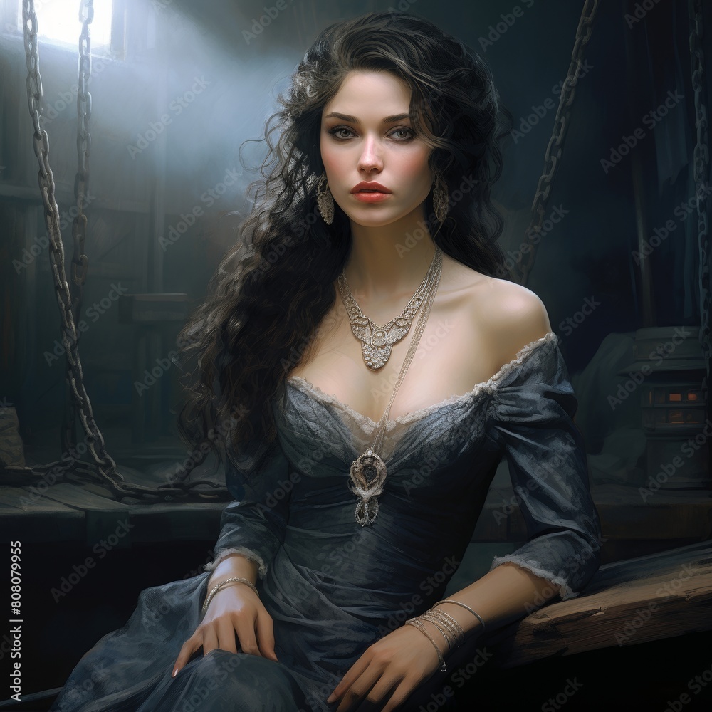 Wall mural grim dark fantasy portrait of an elegant woman, elegant hairstyle, medieval aristocrat outfit, dark 