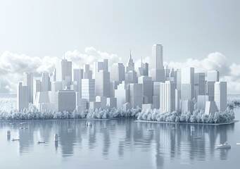 Obraz premium A 3D rendering of a futuristic city with skyscrapers and a river running through it