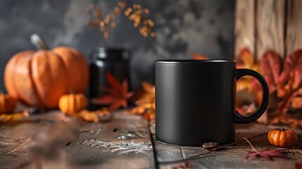 Black coffee mug with a blank space for logos, set on a rustic table with small pumpkins and dried leaves, in a dimly lit Halloween morning scene