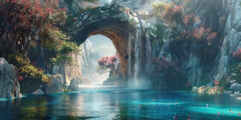 fantasy landscape with waterfall and flowers
