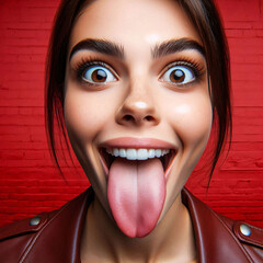 Front view of a beautiful woman tongues out with wide eyes open against red background.