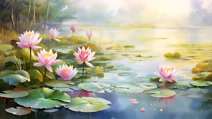 Design a watercolor background of a serene lotus pond with reflections of the surrounding landscape